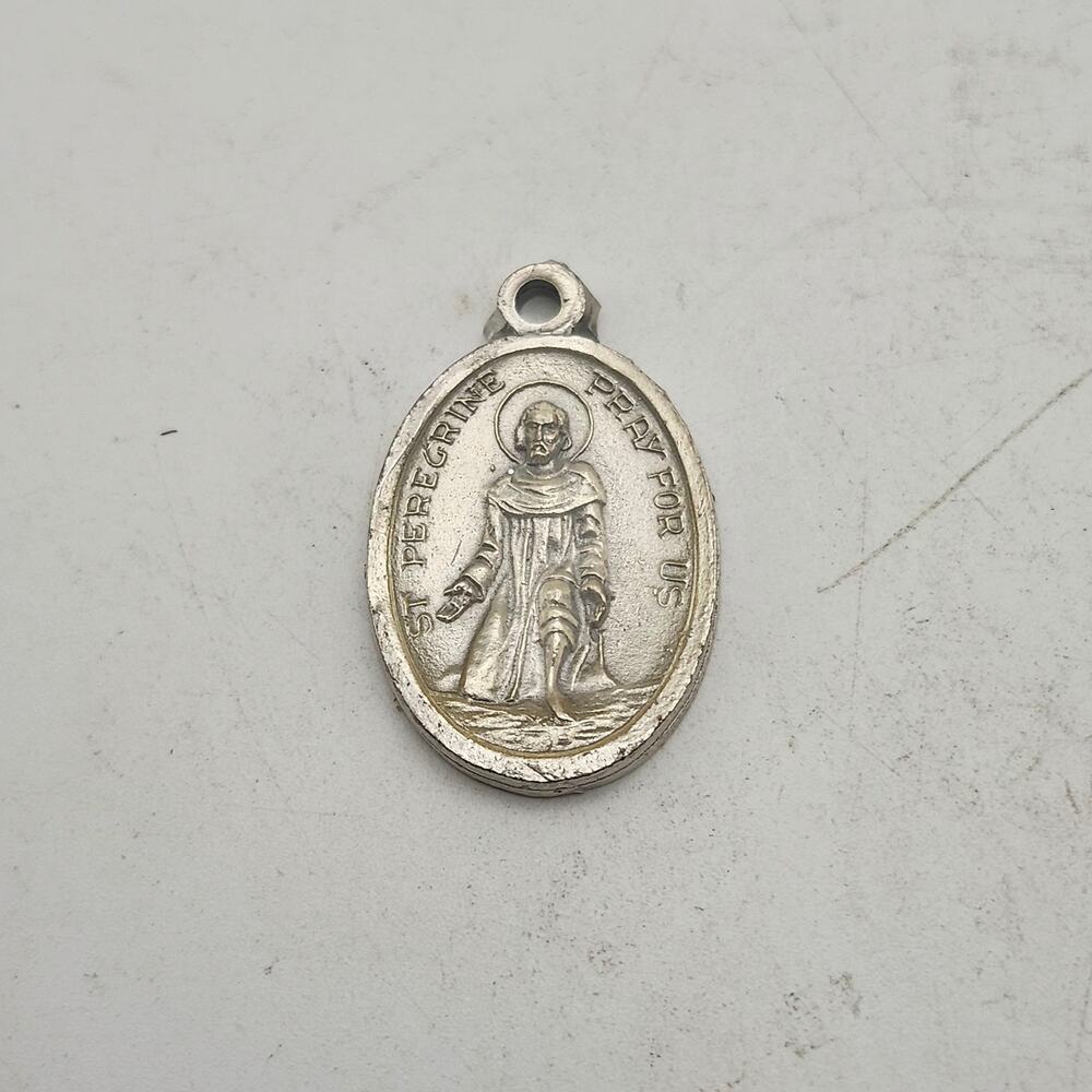Saint Peregrine Catholic Medal Silver Tone Cross Cancer Patron Pendant Charm